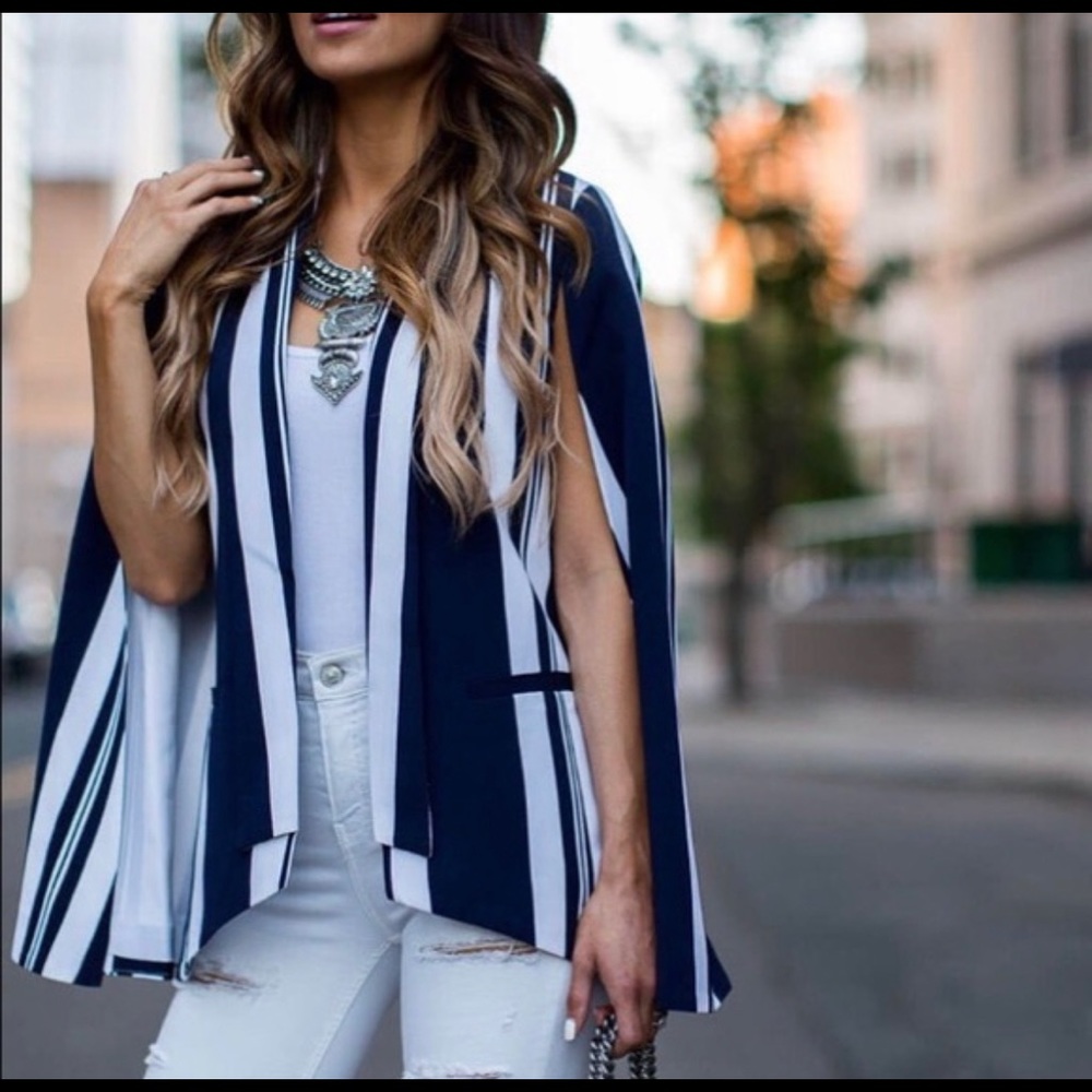 Mural navy and white striped cape blazer